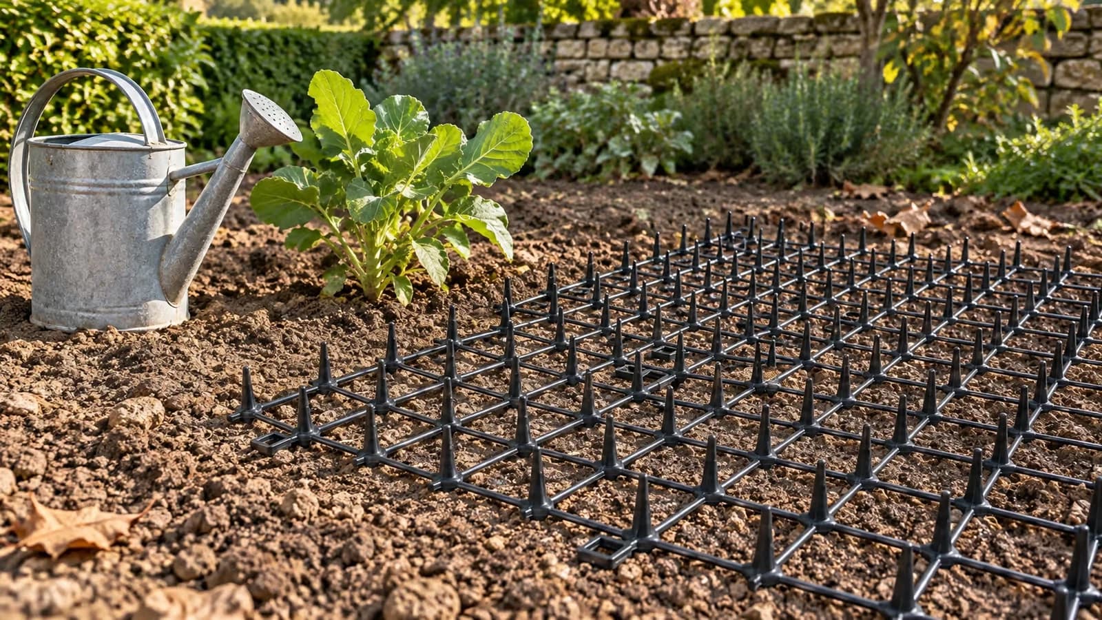 Bande noire à picots déroulée à plat sur la terre d'un massif, au pied d'un jeune plant, arrosoir posé à côté