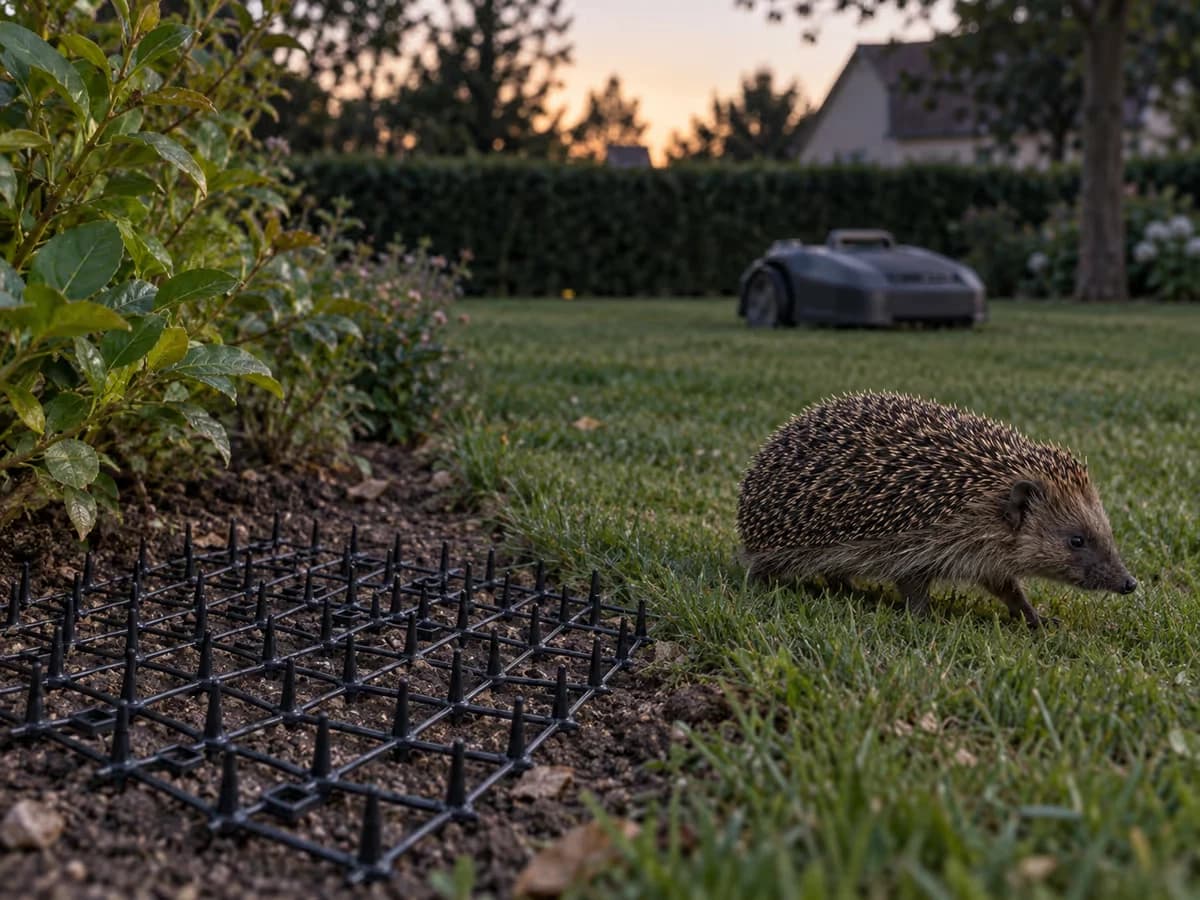 Pelouse rase au crépuscule, hérisson au sol près d'une bande à picots noire, robot de tonte sans marque visible stationné en arrière-plan