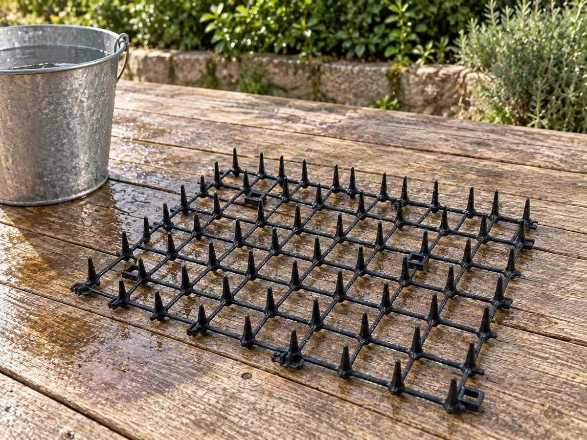 Bande à picots noire posée à sécher sur une terrasse en bois après rinçage, seau d'eau claire à côté