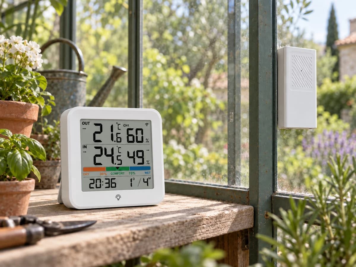 Afficheur d'un ensemble thermomètre hygromètre relié à une sonde placée à l'extérieur d'une serre
