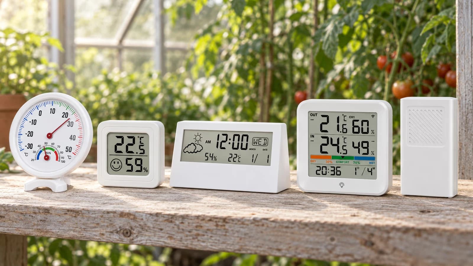 Quatre thermomètres hygromètres posés côte à côte sur une planche de serre : cadran, boîtier à écran, bandeau, sonde