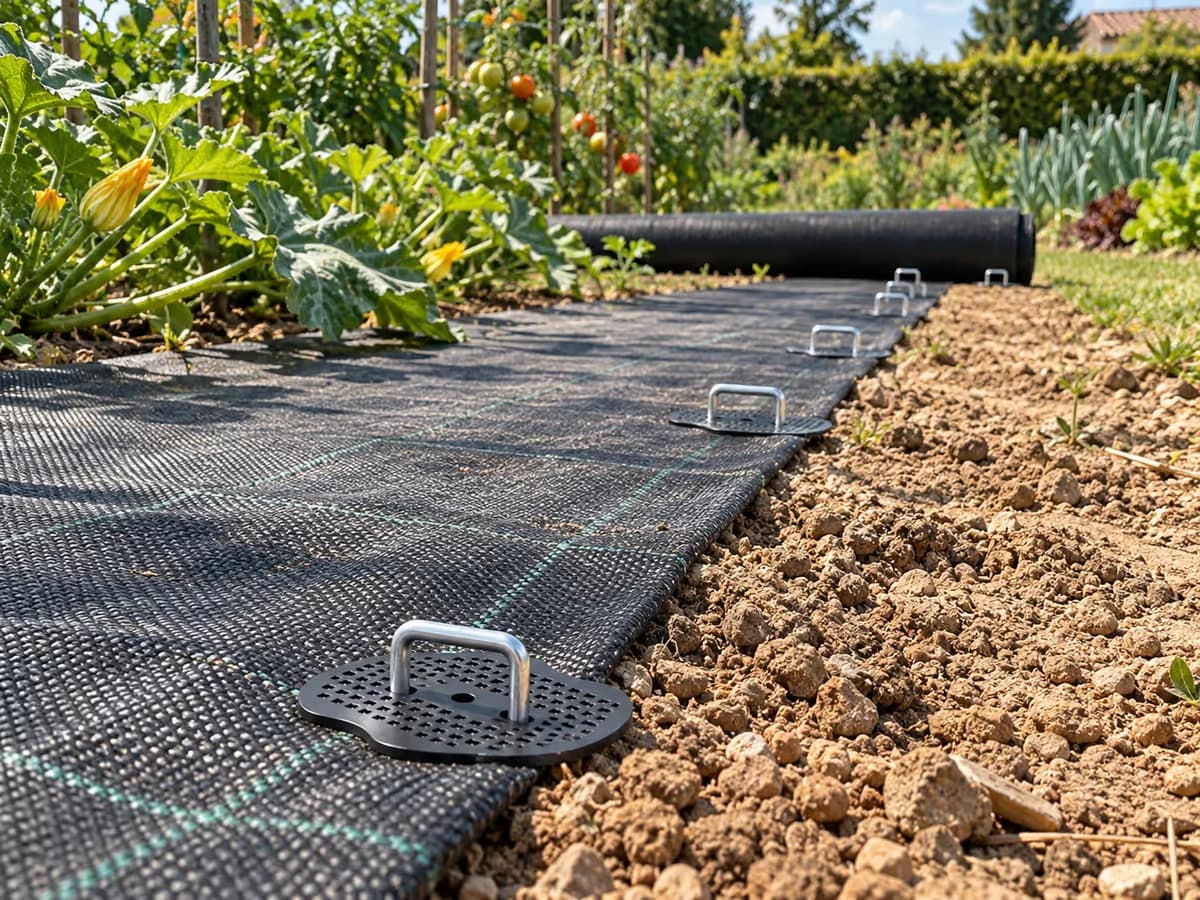 Bord de toile de paillage plaqué au sol par des crampons à rondelle le long d'un rang exposé au vent