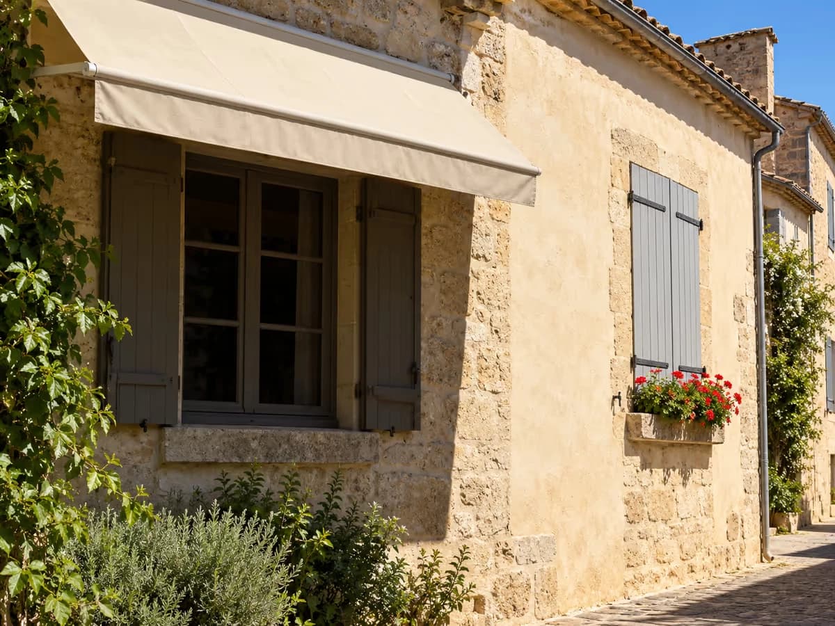 Fenêtre de maison ombragée par un auvent déployé, carreau dans l'ombre alors que la façade voisine reste en plein soleil