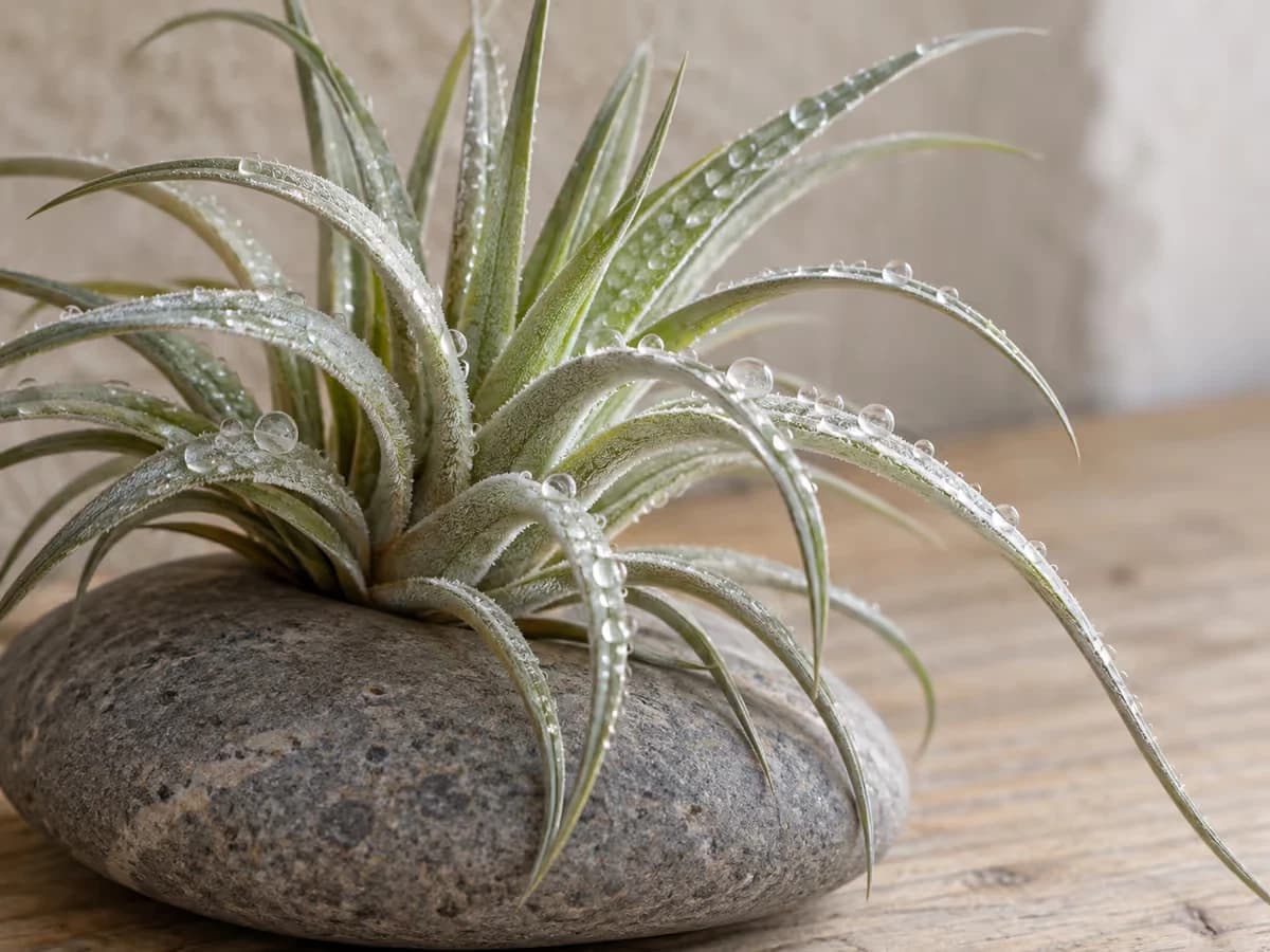 Tillandsia aux feuilles grisées posé sur un galet, gouttelettes d'eau en perles sur les écailles du feuillage, lumière douce