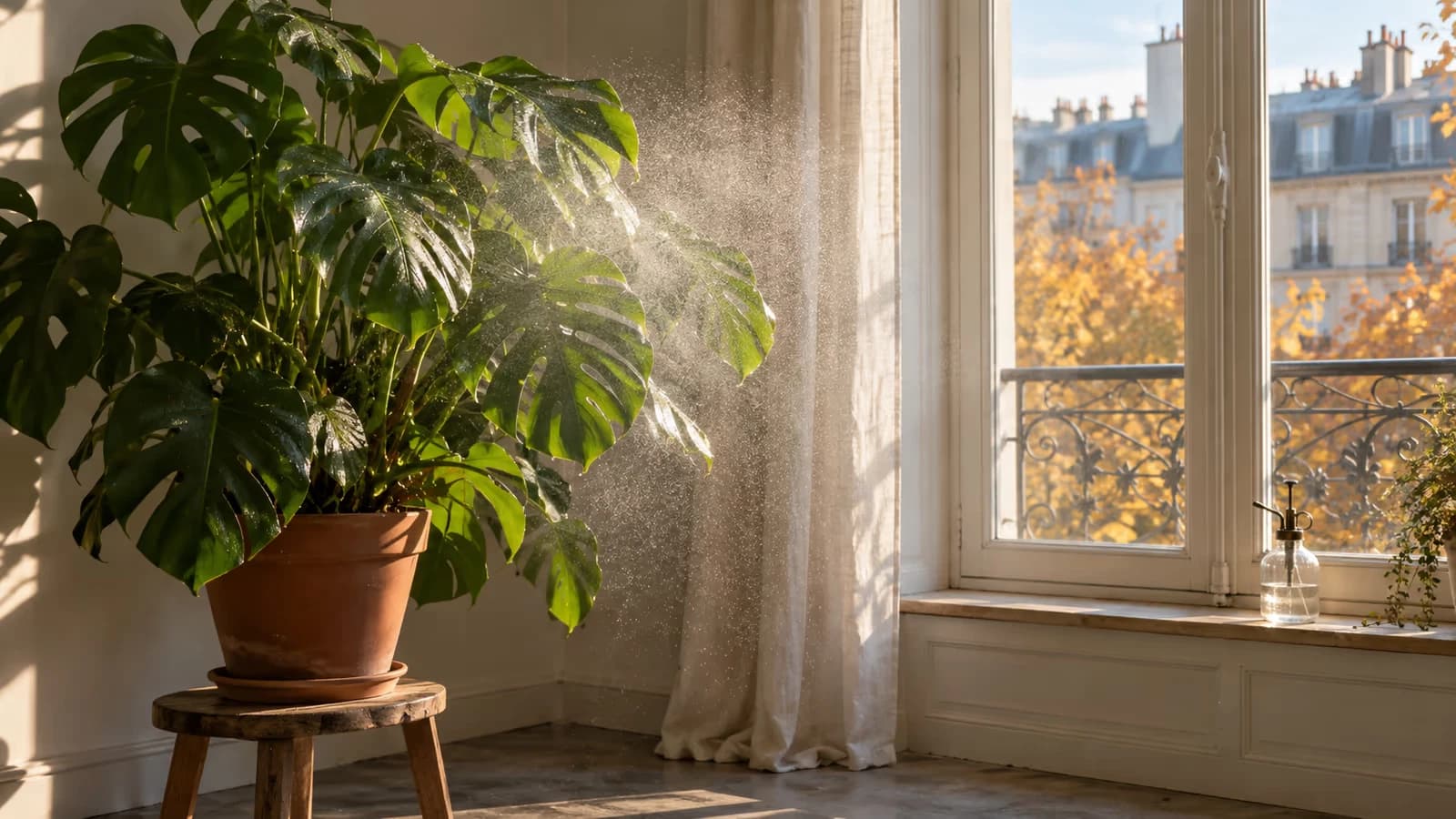 Plante verte à grandes feuilles près d'une fenêtre, fine brume en suspension dans la lumière du matin, vaporisateur posé sur le rebord