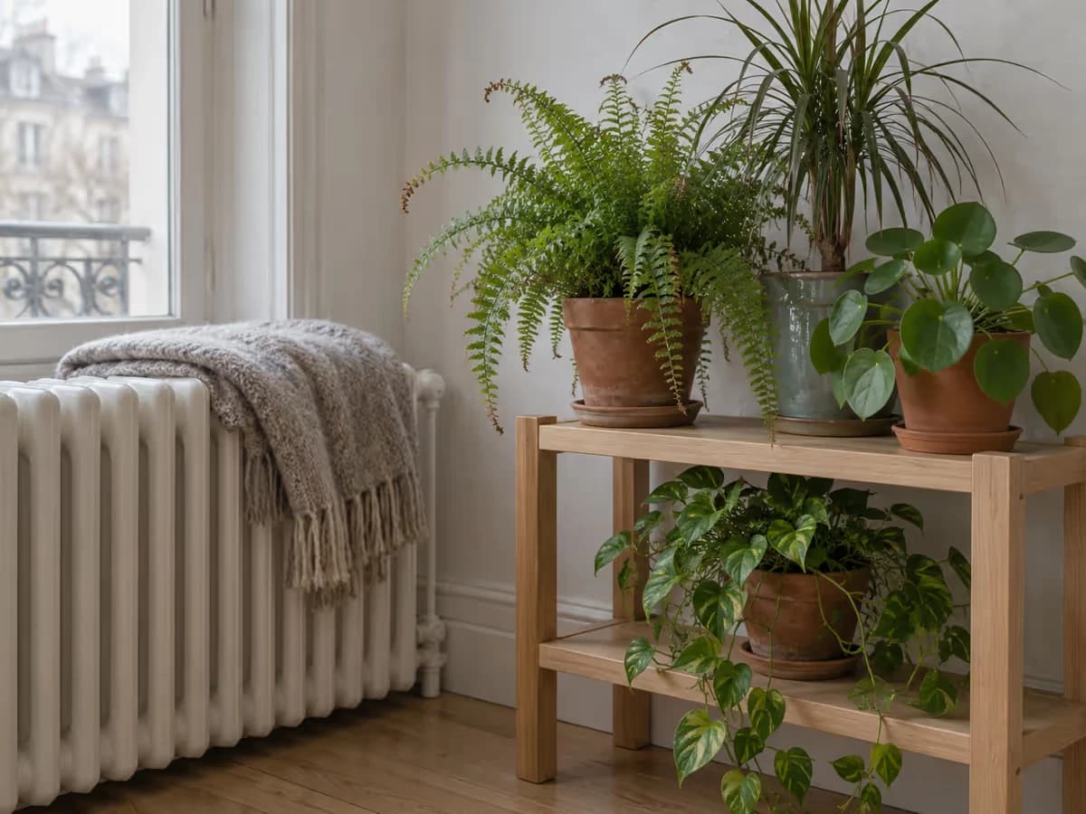 Groupe de plantes vertes d'intérieur sur une étagère près d'un radiateur blanc, air sec de saison, lumière pâle de janvier