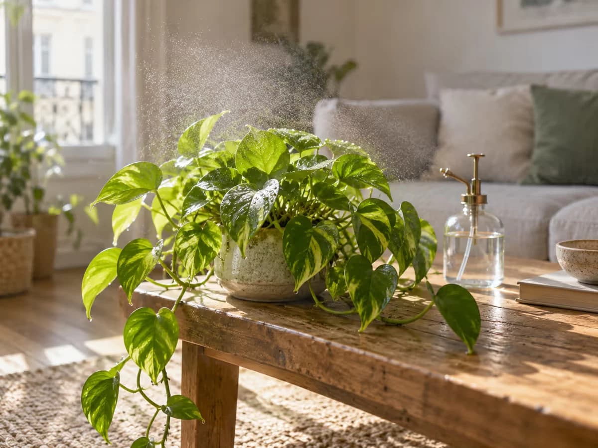 Fin brouillard suspendu au-dessus du feuillage lisse et vert d'un pothos sur une table basse, vaporisateur en verre posé à côté