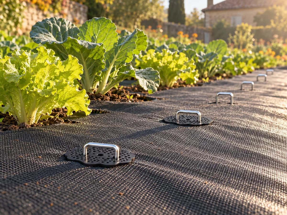 File régulière de crampons en U plaquant un feutre de paillage noir au pied d'un rang de culture, lumière rasante du matin
