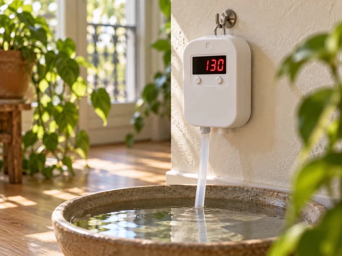 Boîtier blanc d'arrosage automatique suspendu à un crochet au-dessus d'une bassine d'eau, écran digital allumé, tuyau plongeant dans la réserve