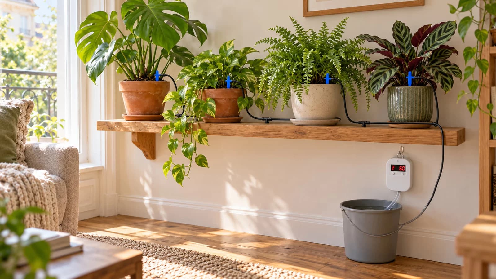 Séjour lumineux avec quatre pots de plantes vertes sur une étagère, un boîtier blanc suspendu au-dessus d'un seau discret, fin tuyau rejoint les pots