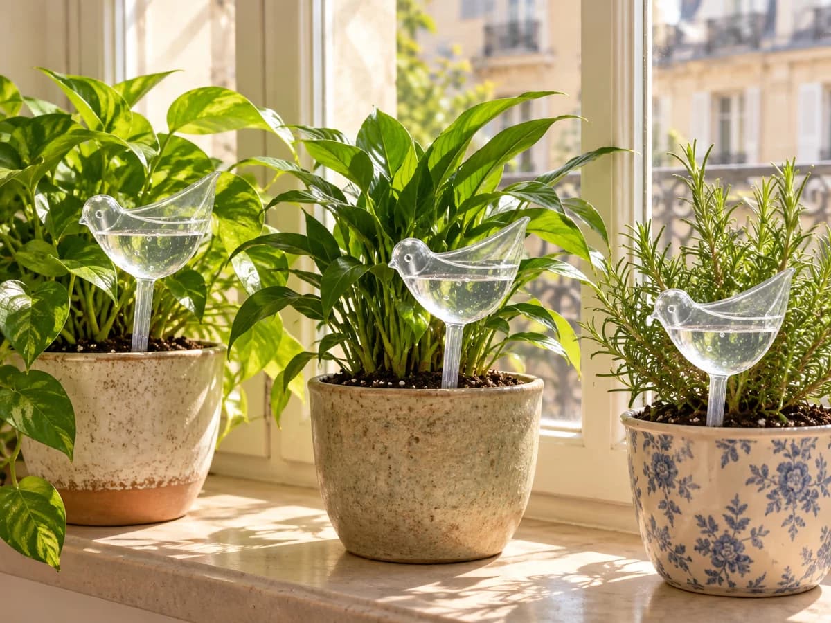 Globes d'arrosage translucides en forme d'oiseau plantés dans les terreaux de trois pots de plantes vertes sur un rebord de fenêtre, lumière du matin