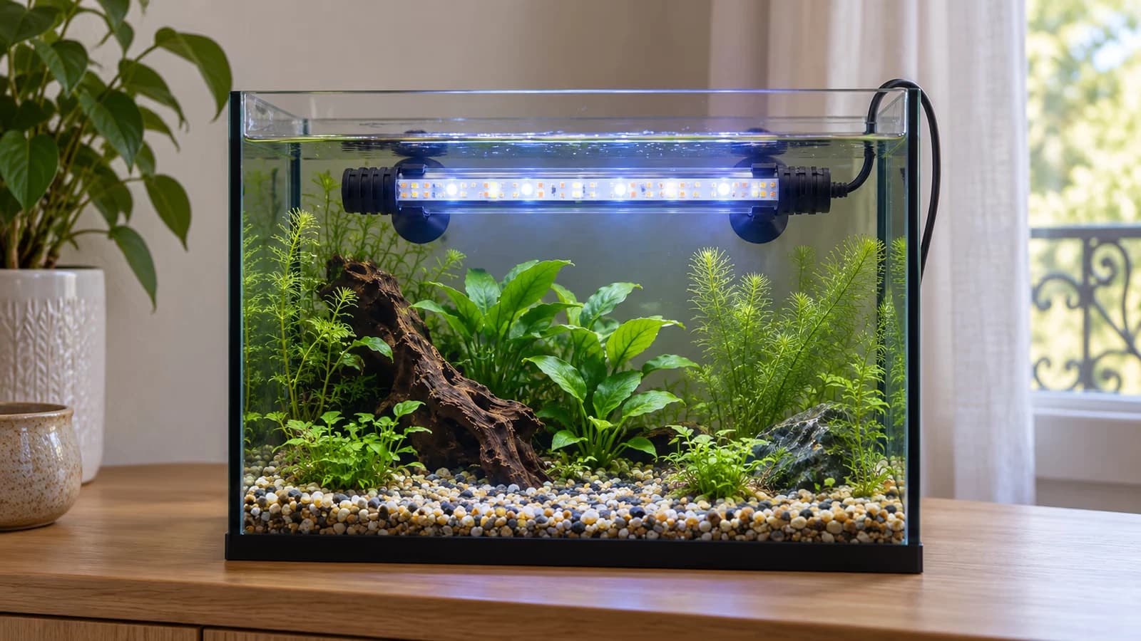 Nano aquarium d'eau douce éclairé par une barre LED bleu-blanc fixée en haut de la vitre arrière, plantes basses visibles dans la lumière