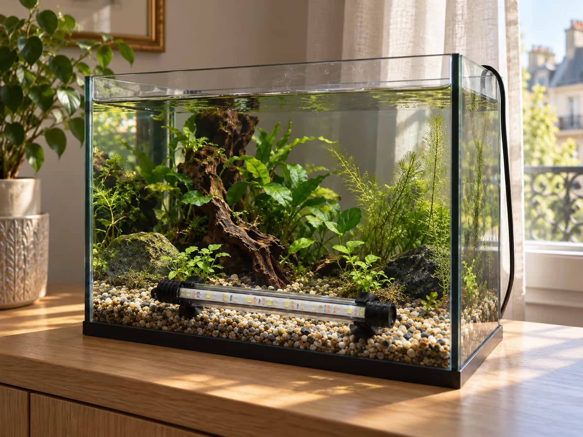 Nano aquarium posé sur un meuble près d'une fenêtre à rideaux tirés à moitié, tache de soleil matinal sur la vitre avant et sur les plantes basses