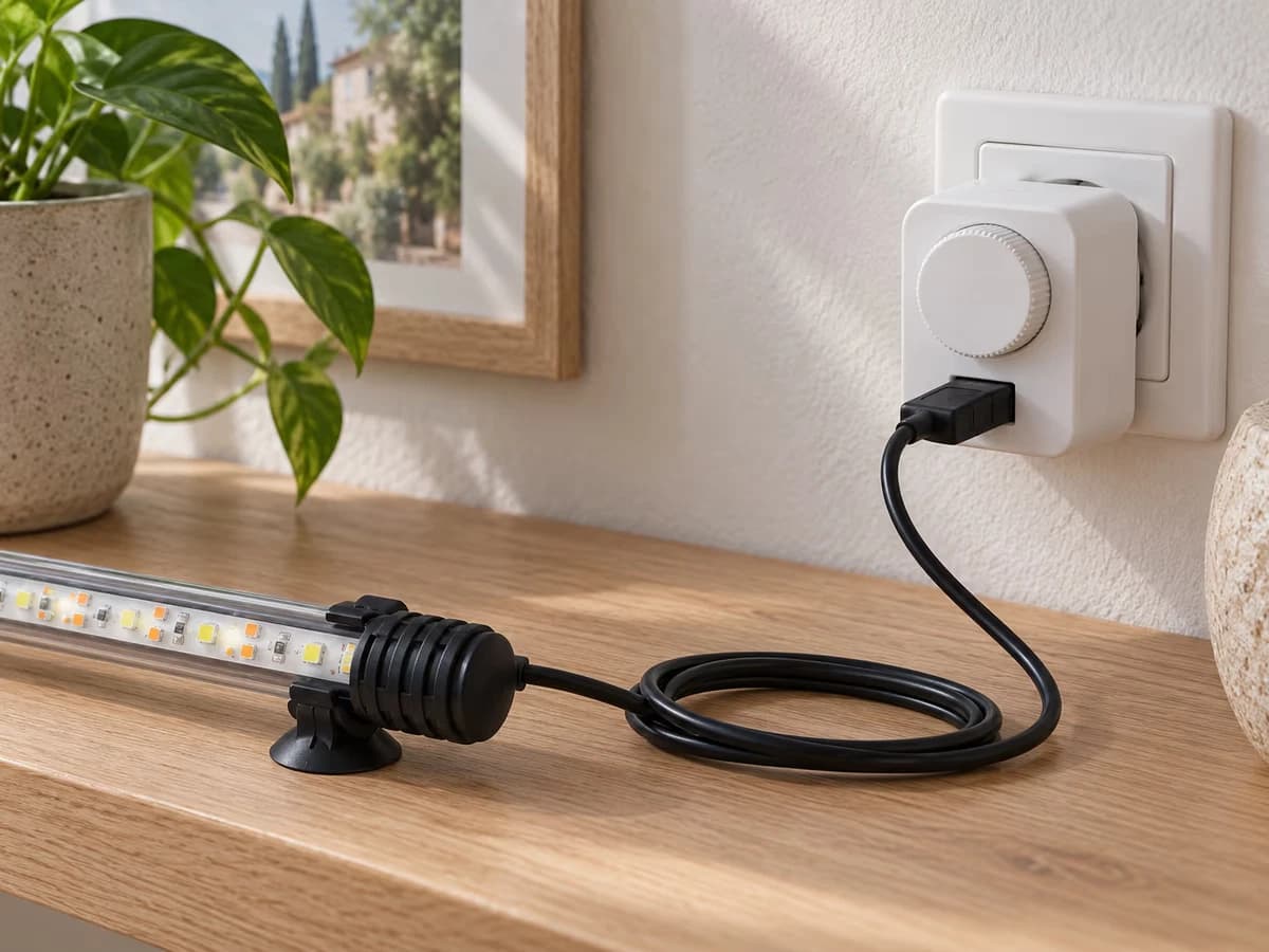 Prise programmable blanche posée sur une étagère avec le cordon USB de la barre LED branché dessus, lumière du jour venant d'une fenêtre