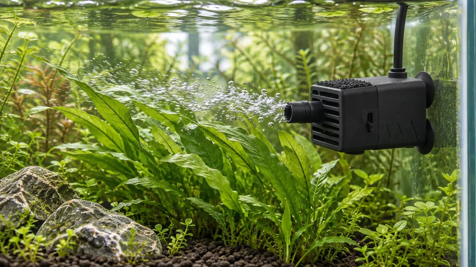 Petite pompe noire fixée par ses ventouses sur la vitre d'un aquarium planté, buse dirigée au-dessus du massif de plantes