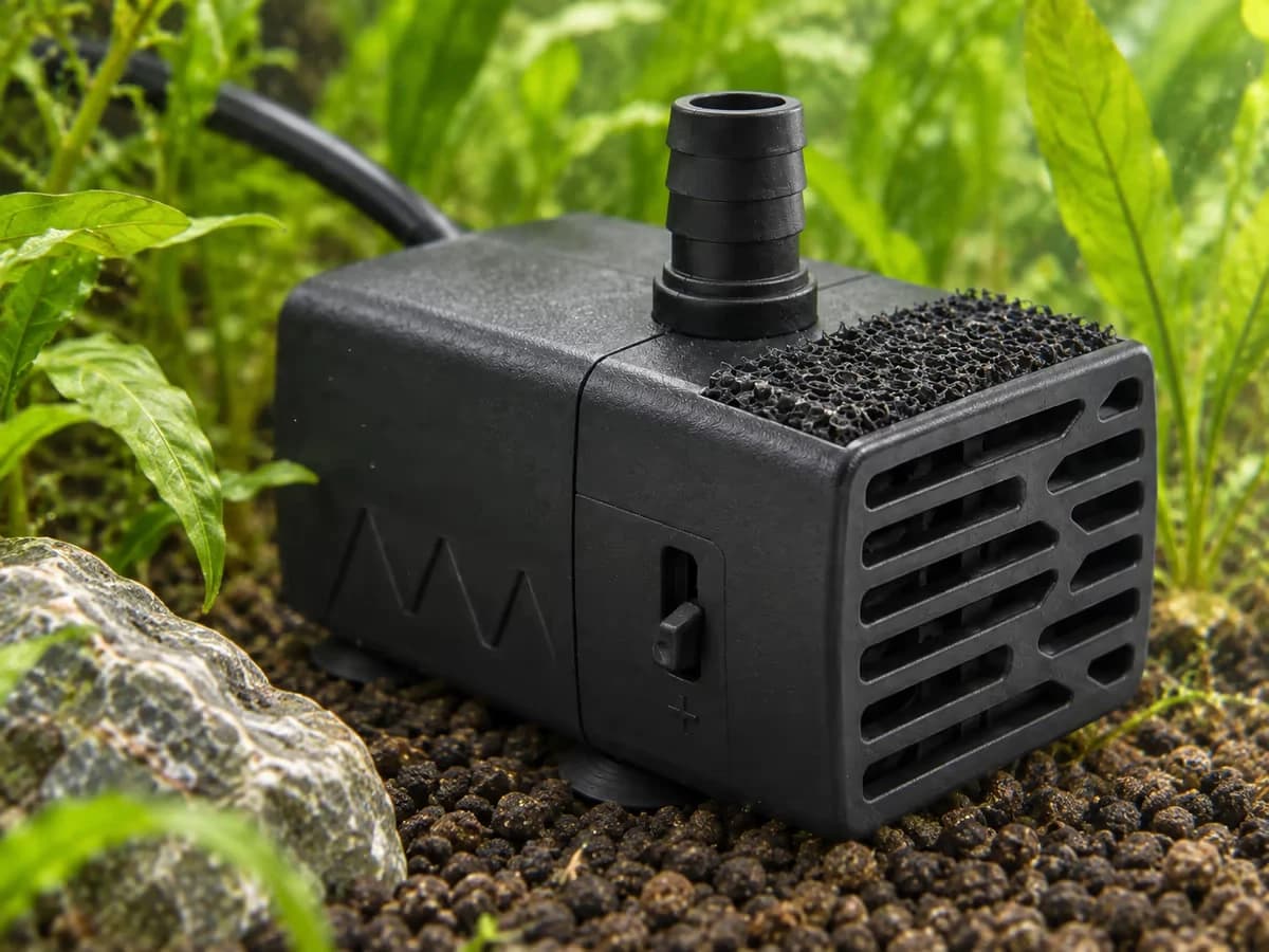 Boîtier immergé d'une petite pompe noire avec son bouton de réglage à trois positions, fixé contre la vitre d'un aquarium planté