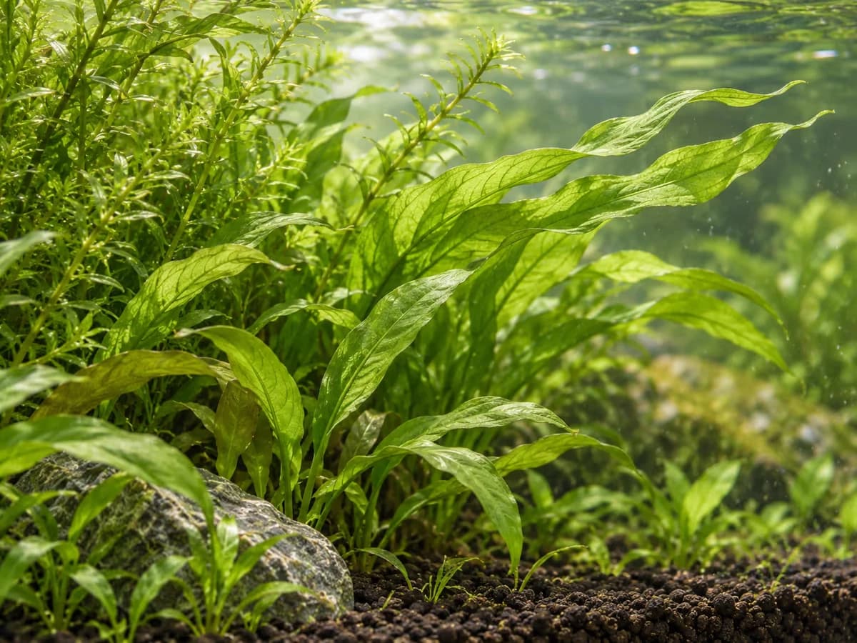 Feuilles vertes d'un massif d'égéries dans un aquarium, ondulant légèrement dans le courant sous la lumière