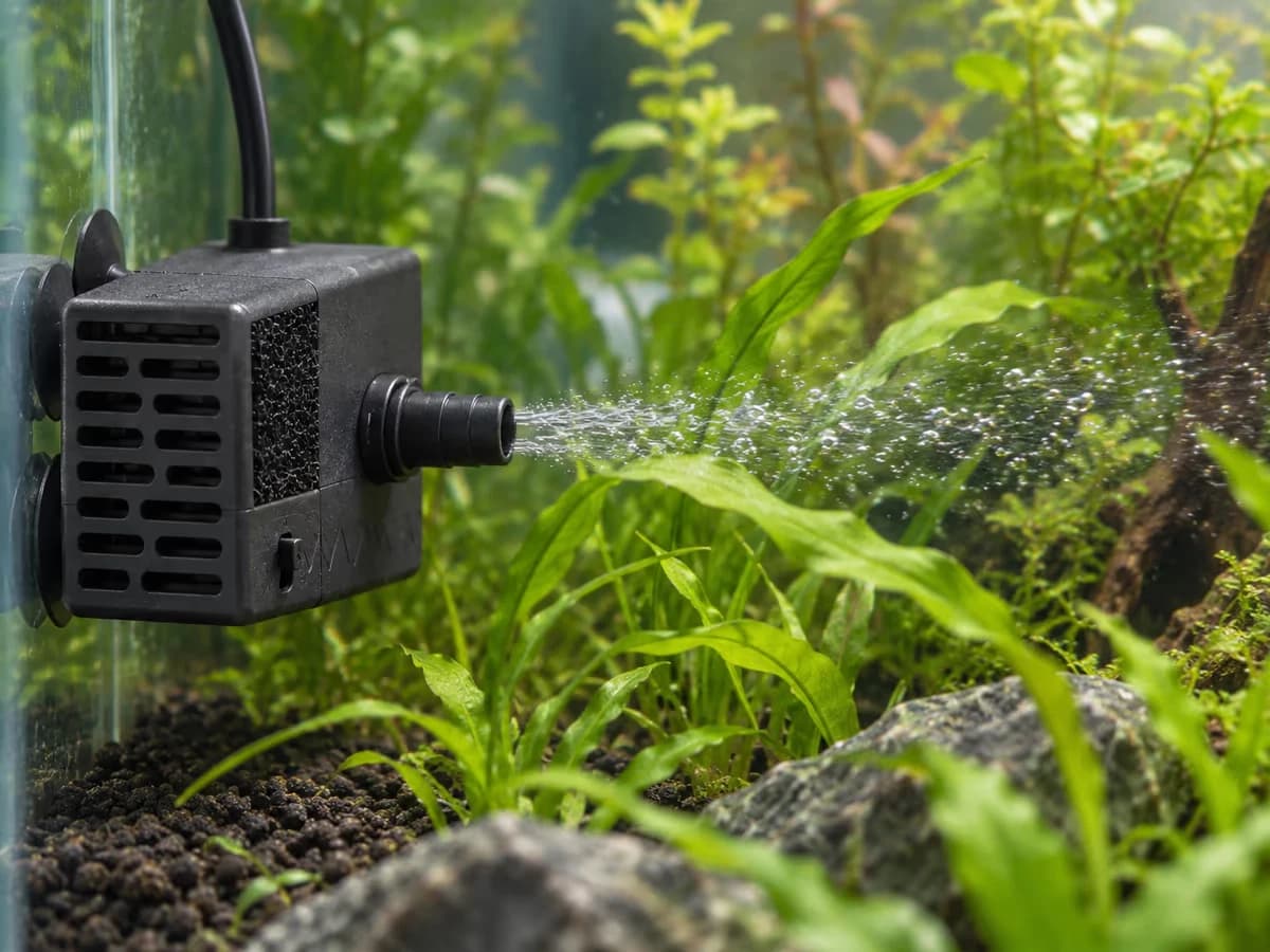 Buse d'une petite pompe immergée orientée le long de la vitre arrière d'un aquarium planté, courant visible sur les feuilles proches