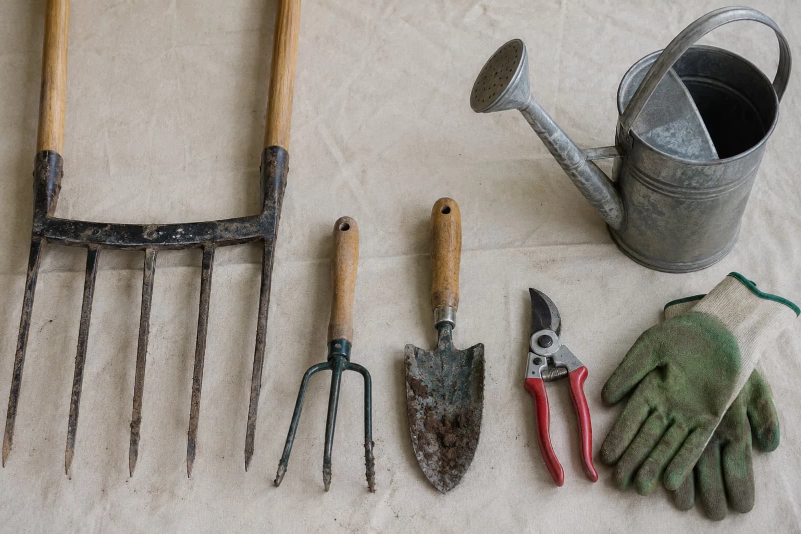 Set d'outils de jardinage potager pose a plat sur fond ecru : grelinette, griffe, transplantoir, secateur, arrosoir, gants