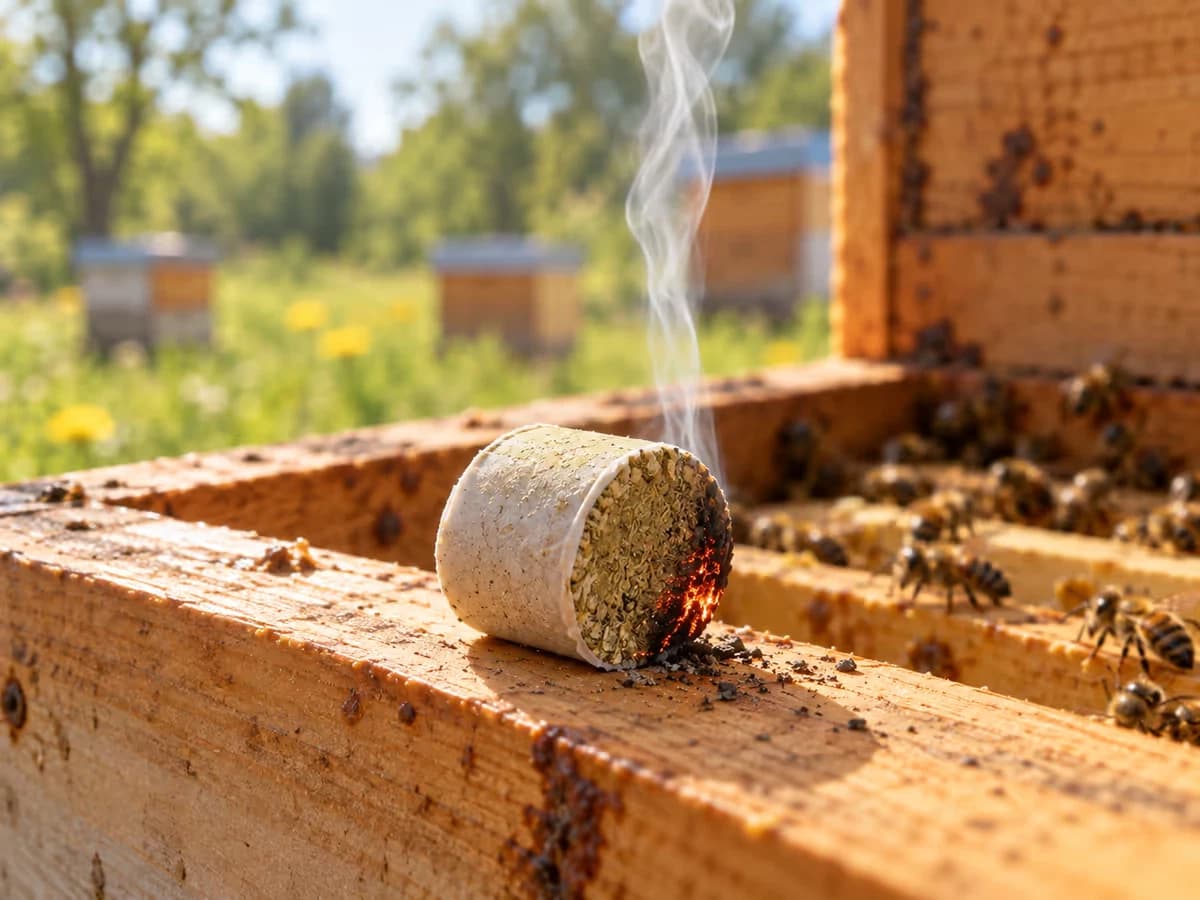 Extrémité d'un bâtonnet de fumigation à la braise rougeoyante posé au bord d'une ruche en bois, fine fumée blanche fraîche qui s'élève lentement