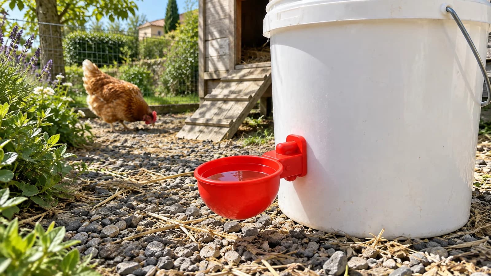 Bol abreuvoir rouge vissé sur un bidon posé dans un poulailler, paille au sol, lumière de fin d'après-midi
