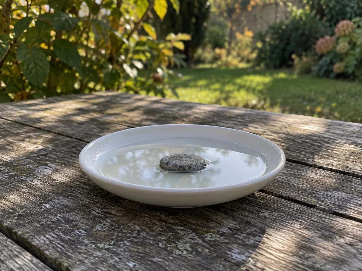 Soucoupe en faïence blanche posée sur une table de jardin en bois, fond d'eau claire et petite pierre plate au centre, ombre d'un arbuste, matin d'automne