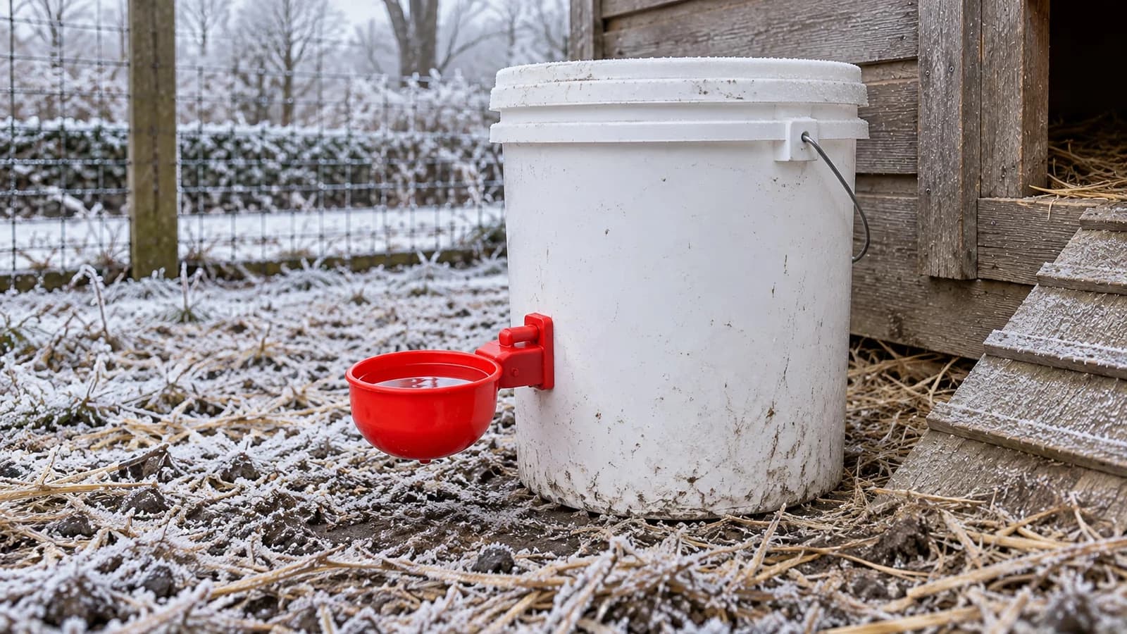 Poulailler givré au petit matin, bidon blanc muni d'un bol rouge, fine pellicule de glace à la surface, lumière froide du matin