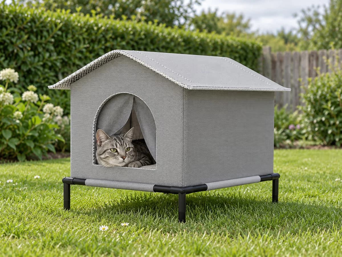 Abri de chat en toile grise à toit à deux pentes relevé sur un piètement tubulaire noir, posé sur une pelouse de jardin, chat tigré couché à l'intérieur derrière l'ouverture cintrée
