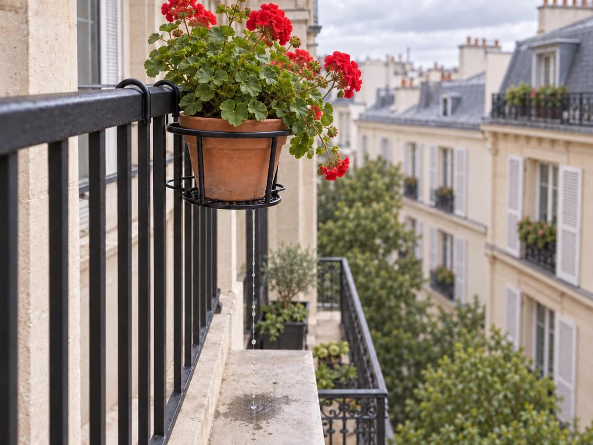 Trace d'eau tombant d'un pot posé sur une rambarde de balcon en étage, dallage mouillé sur la dalle inférieure, façades claires en arrière-plan