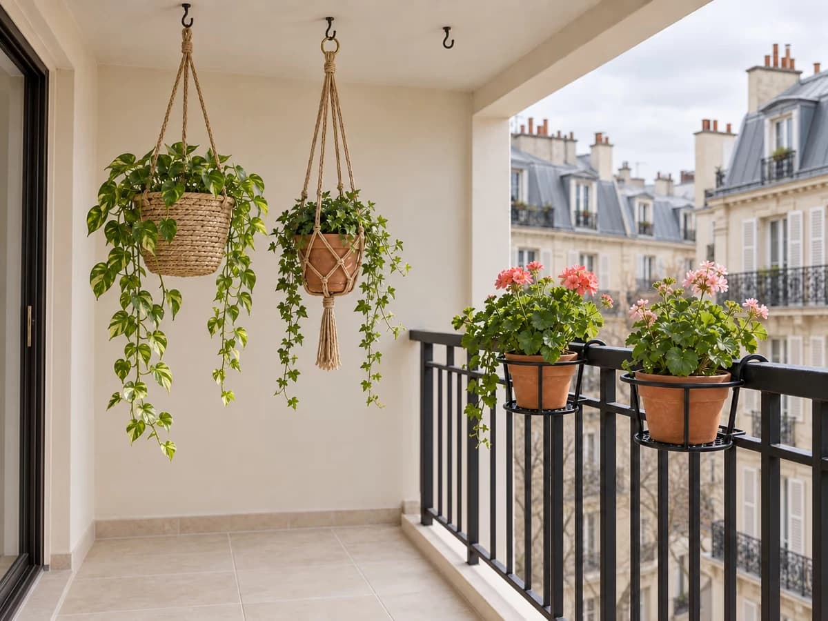 Pots suspendus à des crochets sous le plafond d'une loggia, à côté d'une rambarde où sont posés deux supports métalliques fleuris