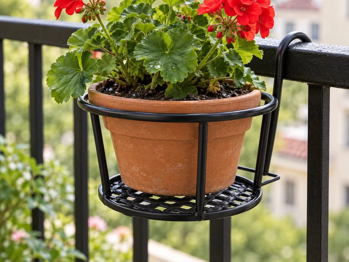 Gros plan sur le rebord d'un pot en terre cuite en appui sur le cercle métallique noir d'un support de rambarde, terreau humide et feuilles de géranium