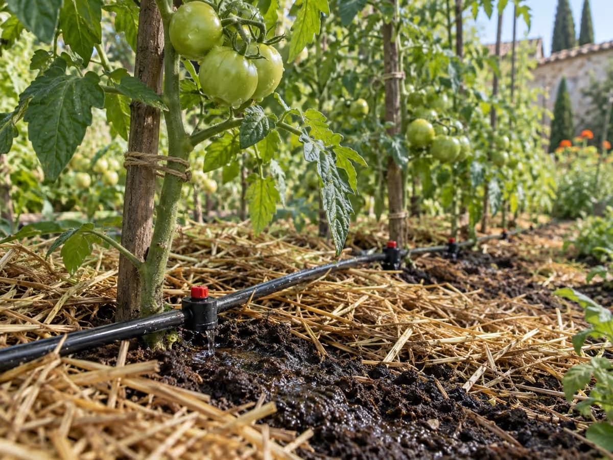 Goutteurs au pied de plants de tomates sur un sol sombre encore humide, paillage de paille en surface