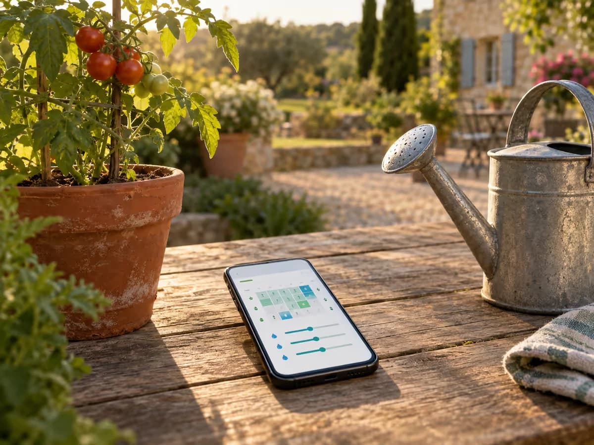 Téléphone posé sur une table de jardin en bois, à côté d'un plant de tomate en pot et d'un arrosoir, fin d'après-midi