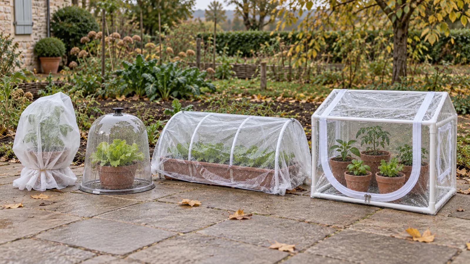 Différents abris de jardin allant du voile à la serre rigide posés sur une terrasse