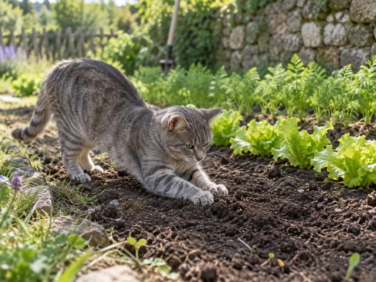 Chat dans un potager s'apprêtant à gratter la terre meuble près de jeunes pousses