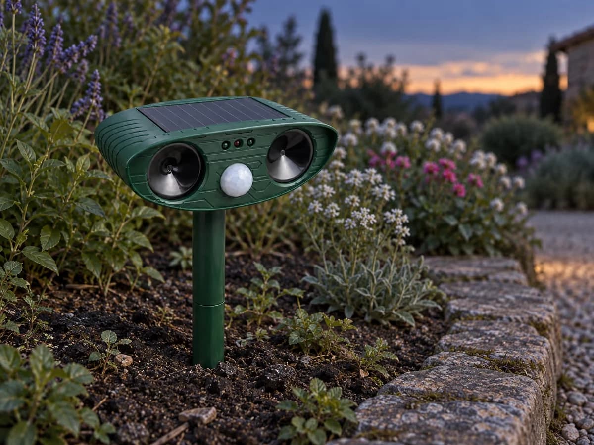 Boîtier répulsif solaire planté sur son piquet dans un massif de fleurs au crépuscule