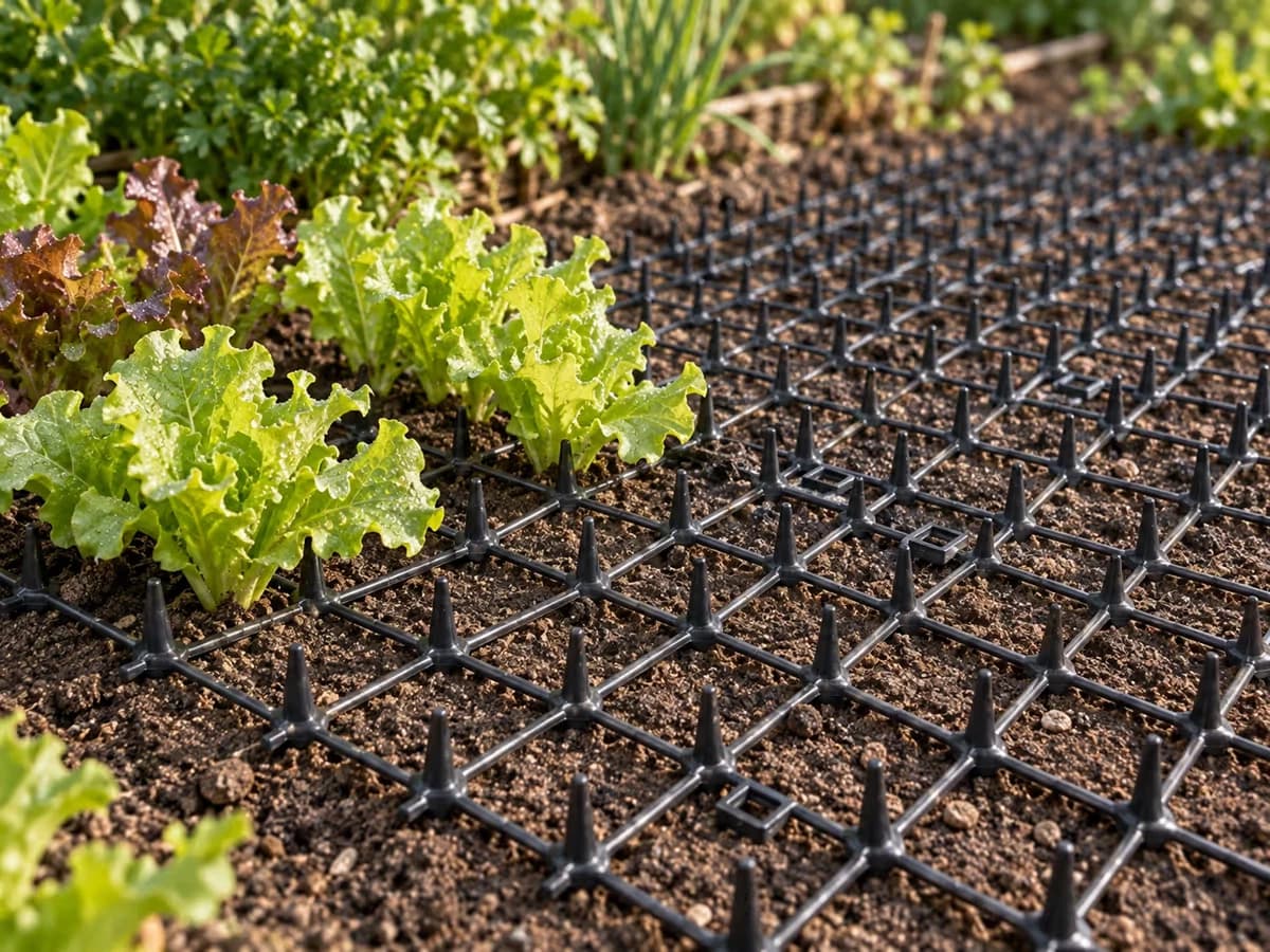 Tapis à picots en plastique noir installé autour de jeunes salades dans un potager