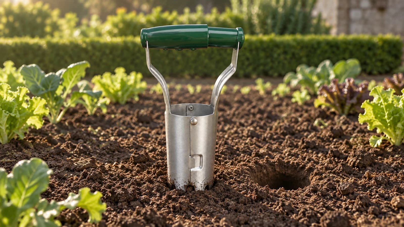 Planche de terre émiettée au petit matin, un transplantoir à tube en acier inoxydable fiché droit dans le sol, poignée verte dépassant, mottes fines autour du trou