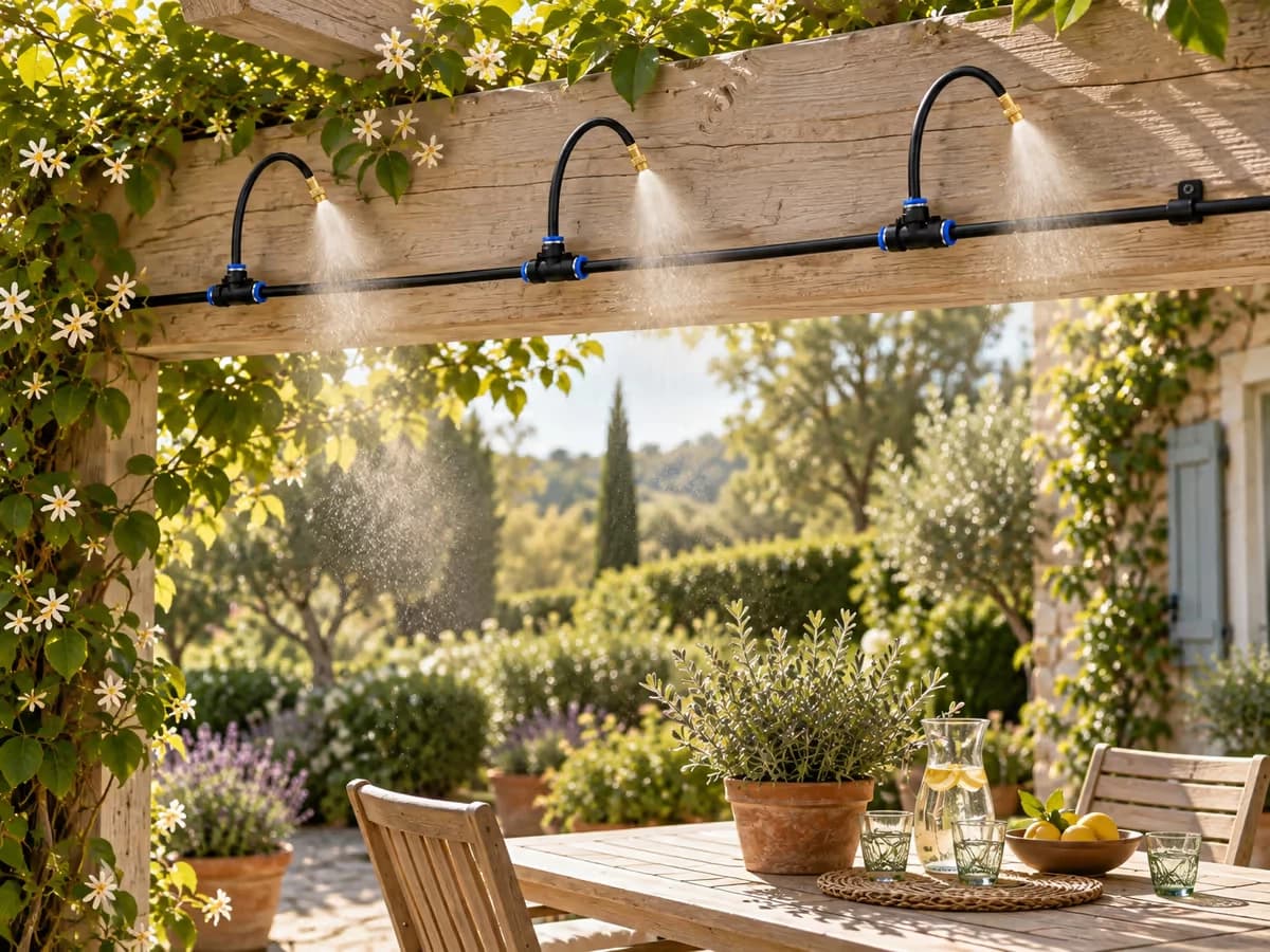 Kit de brumisation manuel fixé le long d'une pergola de terrasse en bois clair