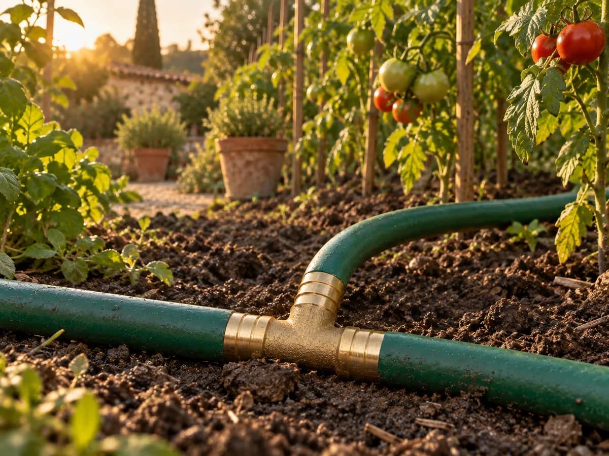 Tuyau d'arrosage vert dérivé en deux lignes au potager par un raccord en T laiton, plants de tomates au soleil couchant