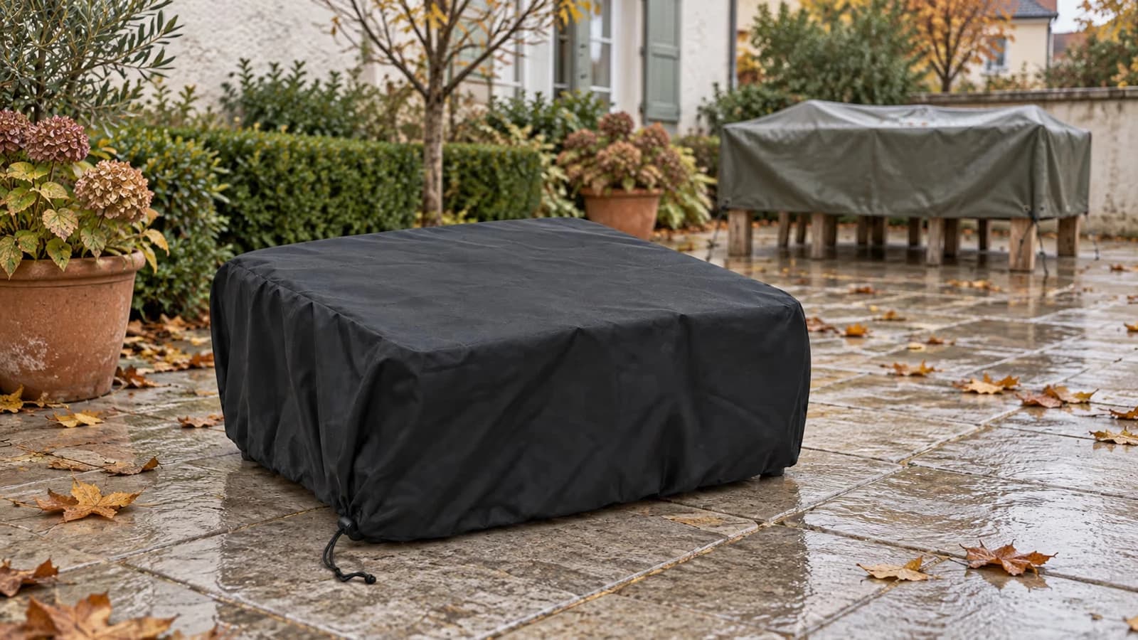 Un grill de table noir sous sa housse à cordon, sur une terrasse dallée, une bâche plate tendue sur une table voisine en octobre