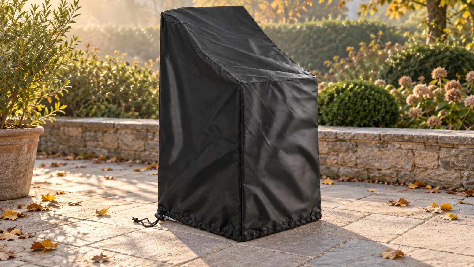 Housse noire posée sur une pile de chaises de jardin, ourlet froncé et cordon serré au pied, terrasse en dalles par une matinée d'automne