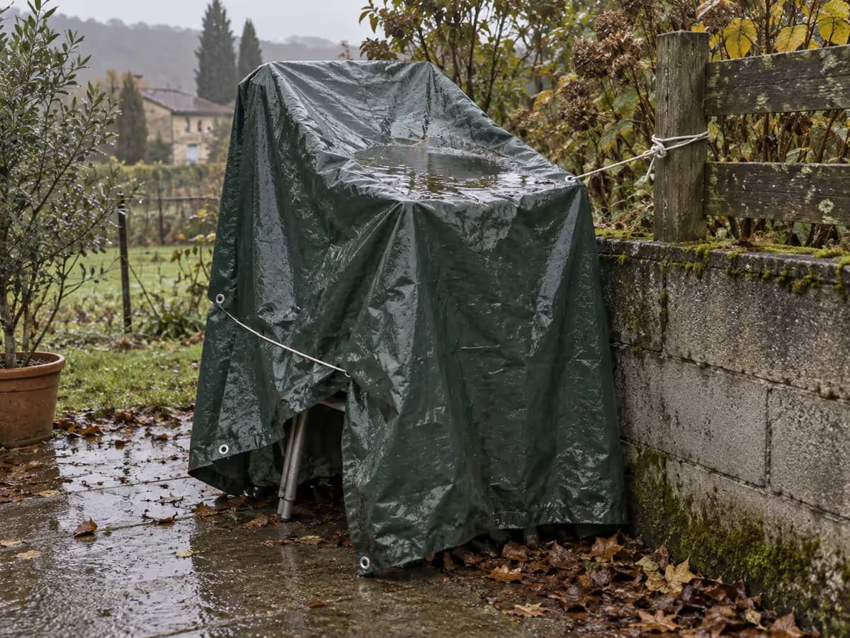 Bâche plastique verte tendue sur une pile de chaises contre un mur de clôture, corde passée dans les œillets, flaque dans le creux de la toile