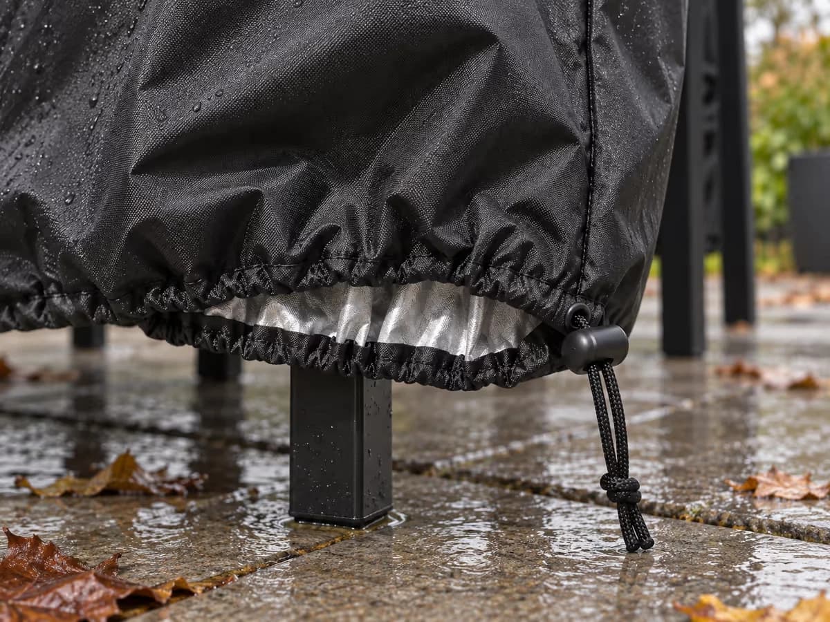 Ourlet froncé d'une housse noire traversé par un cordon de serrage et son bloqueur plastique, au pied d'une pile de chaises sur des dalles mouillées