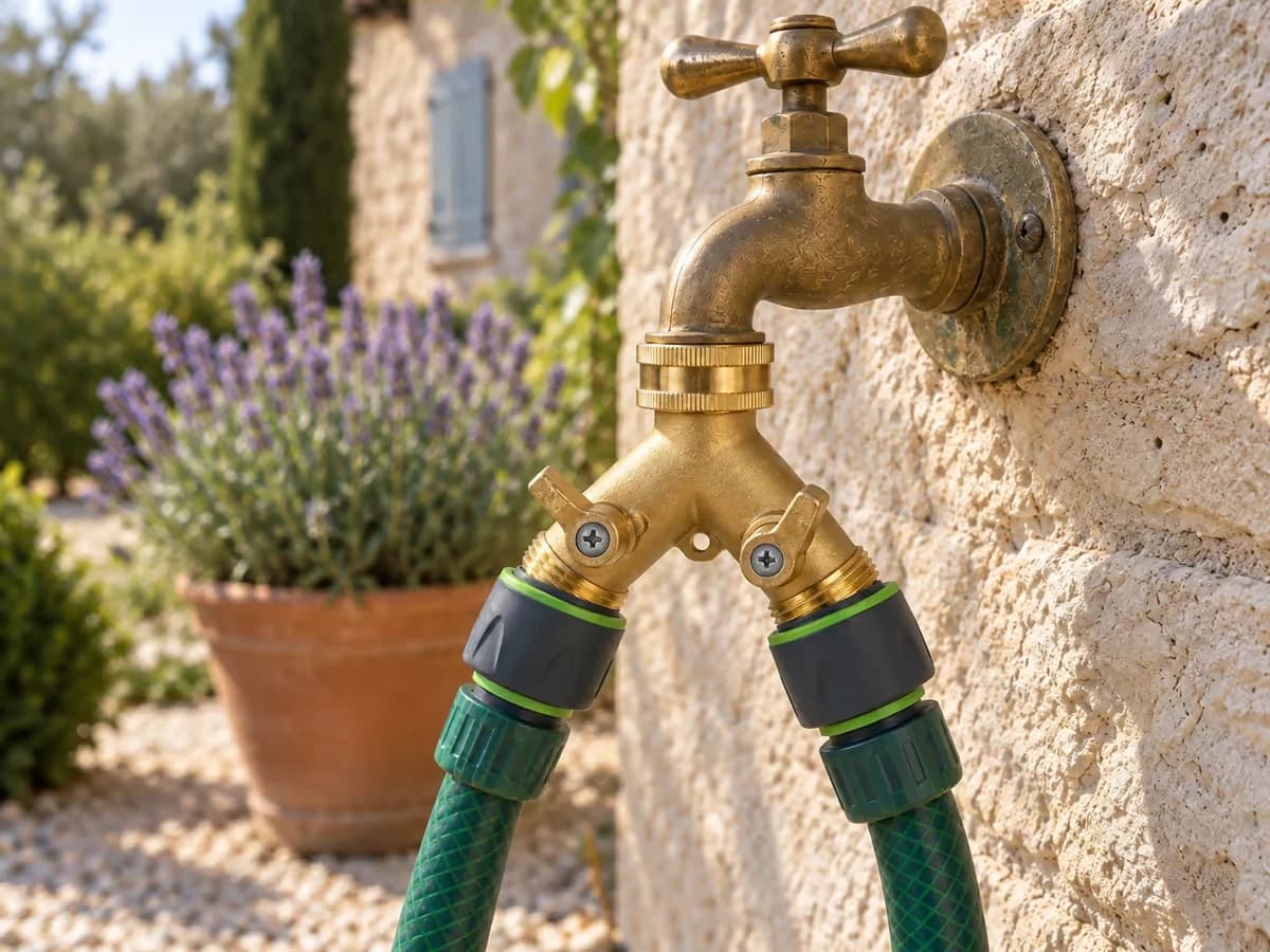 Répartiteur laiton deux voies vissé sur un robinet de jardin, une ailette de commande ouverte sur chaque sortie