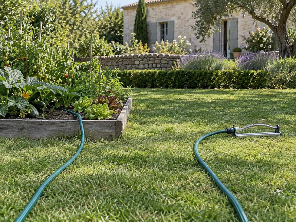 Deux tuyaux d'arrosage déroulés sur une pelouse, l'un vers un potager, l'autre vers un arroseur oscillant