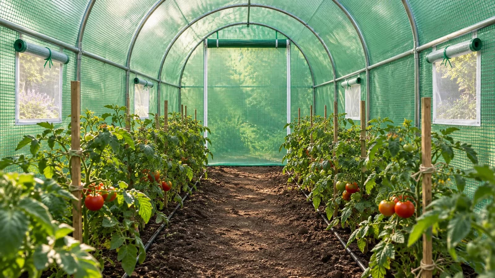 Intérieur d'une serre tunnel de jardin avec allée centrale dégagée, rangs de tomates tuteurées de part et d'autre, lumière du matin sous la bâche