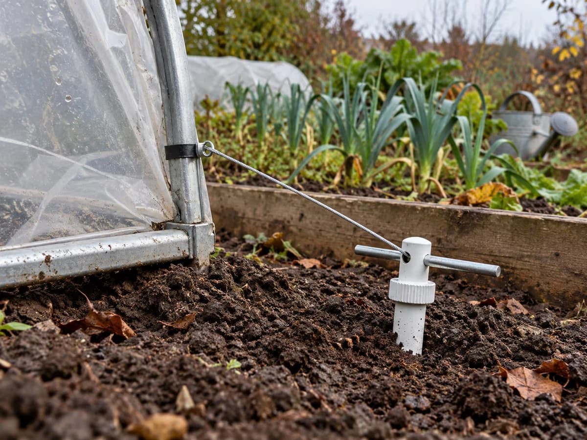 Ancrage blanc à fût vissé planté verticalement dans la terre fraîche d'un potager, câble métallique tendu vers l'armature d'une serre tunnel