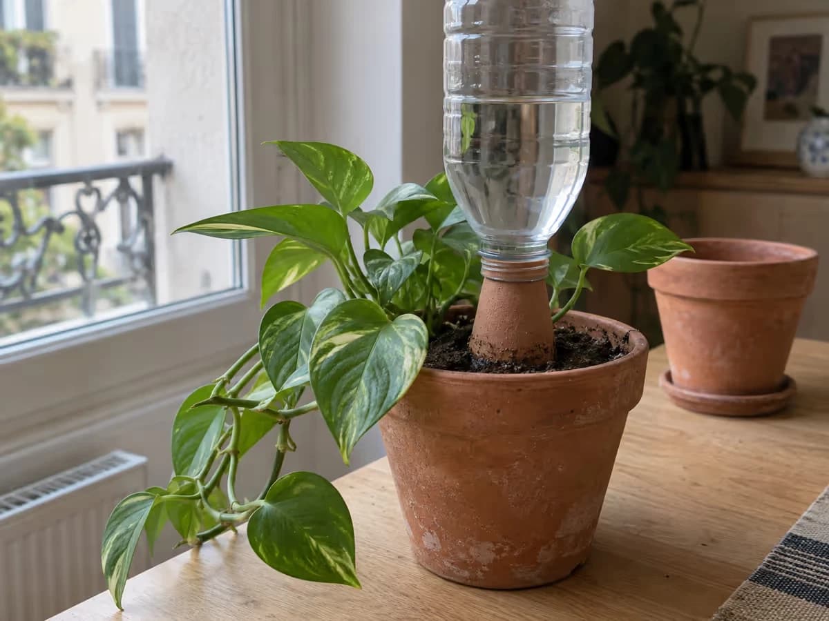 Cône d'arrosage en céramique inséré dans le pot d'une plante