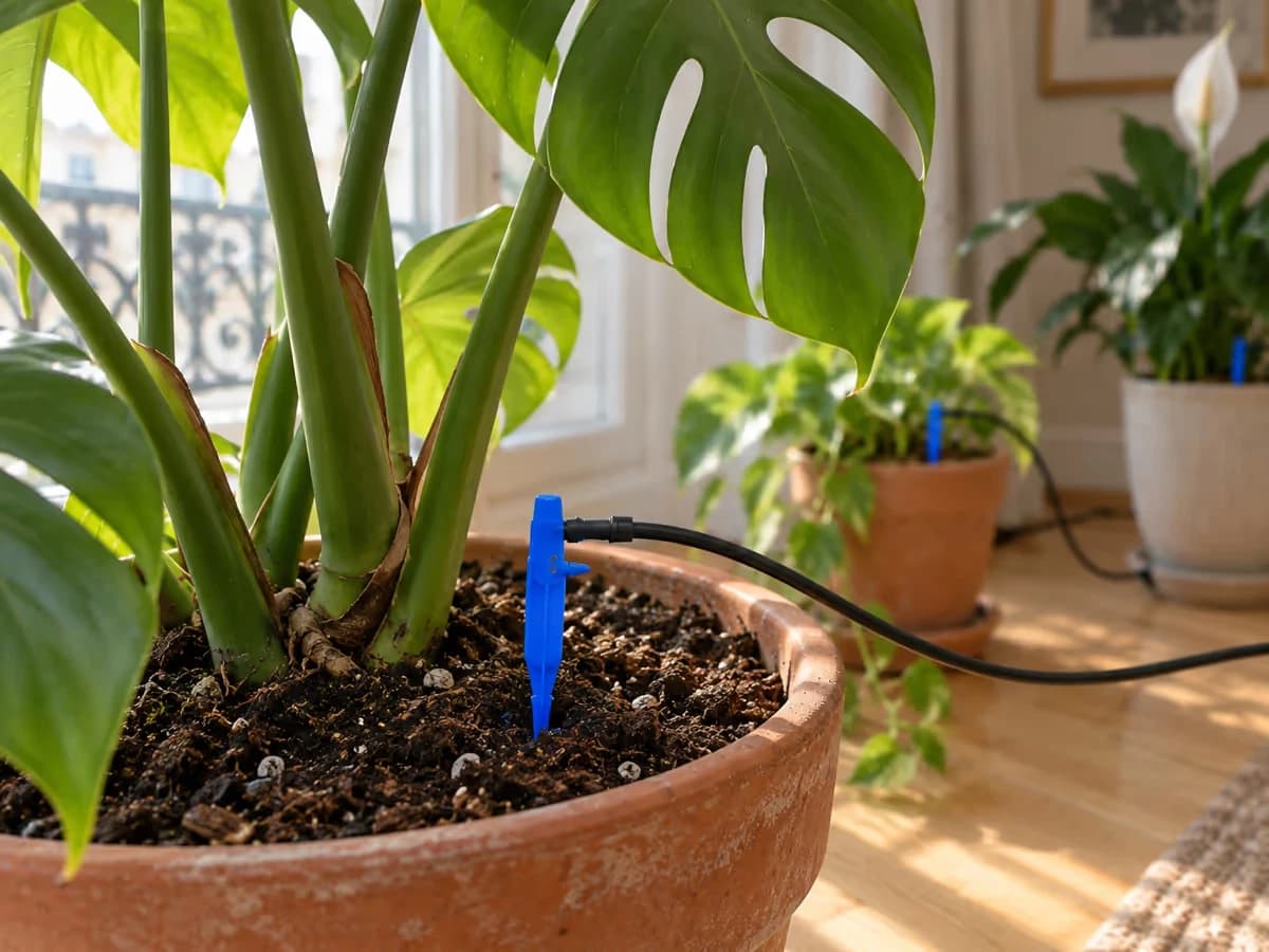 Goutteur bleu inséré dans le terreau, relié à un fin tuyau